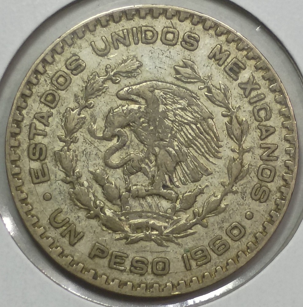 1960 Mo Mexico 10% Silver Peso (VF Details) Toned