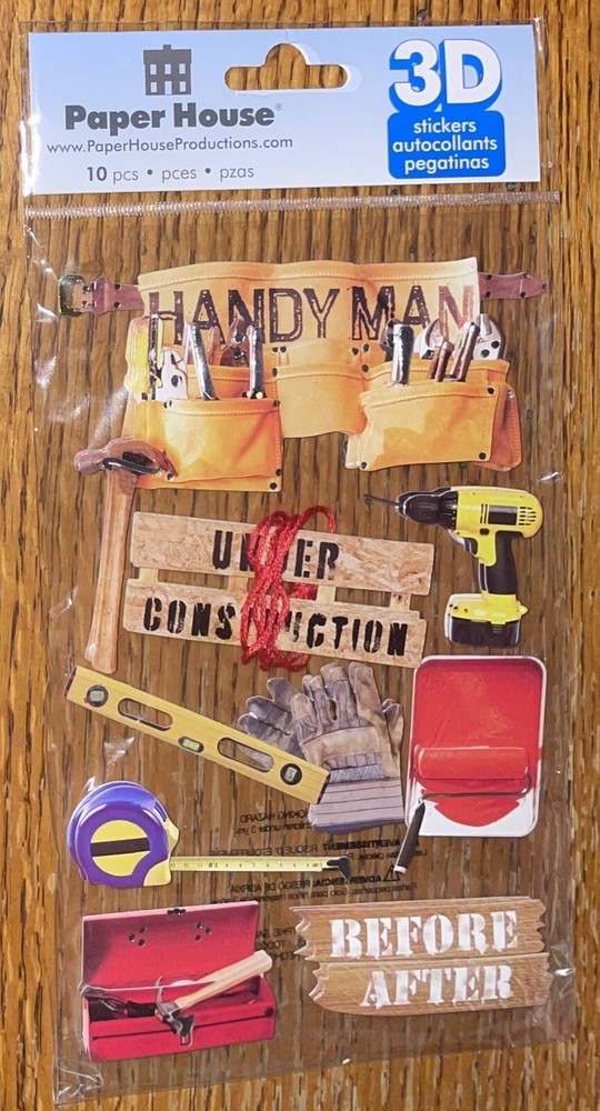 Paper House Handyman Under Construction Before After Tools 3D Scrapbook Stickers