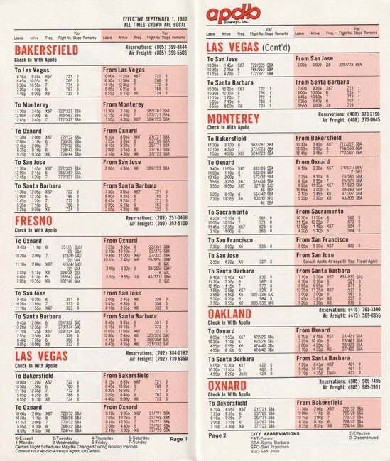 Apollo Airways timetable 1980/09/01