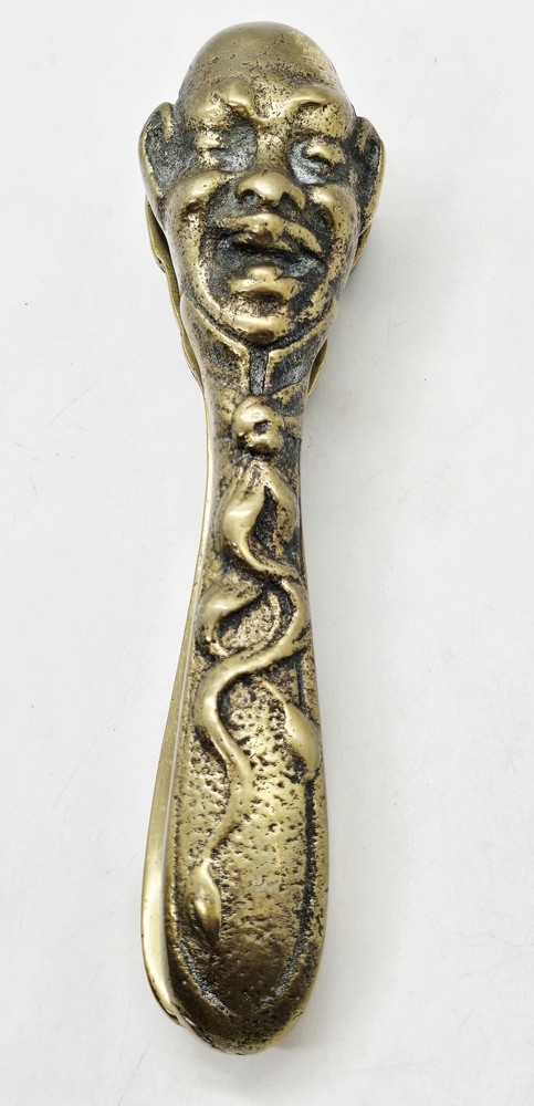 Antique Belgian Solid Brass Figural Nutcracker Tool Bald Man Face Clown Buddha