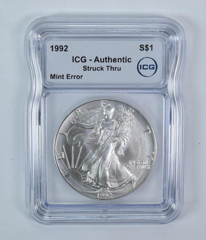 1992 American Silver Eagle Mint Error Struck Thru Authentic ICG