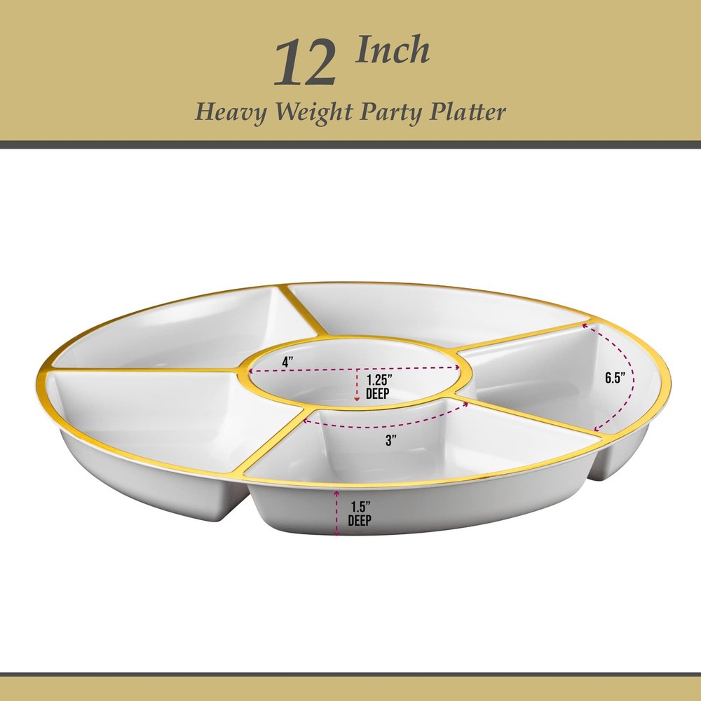 Plasticpro 6 Sectional Round Plastic Serving Tray/Platter 4, White & Gold