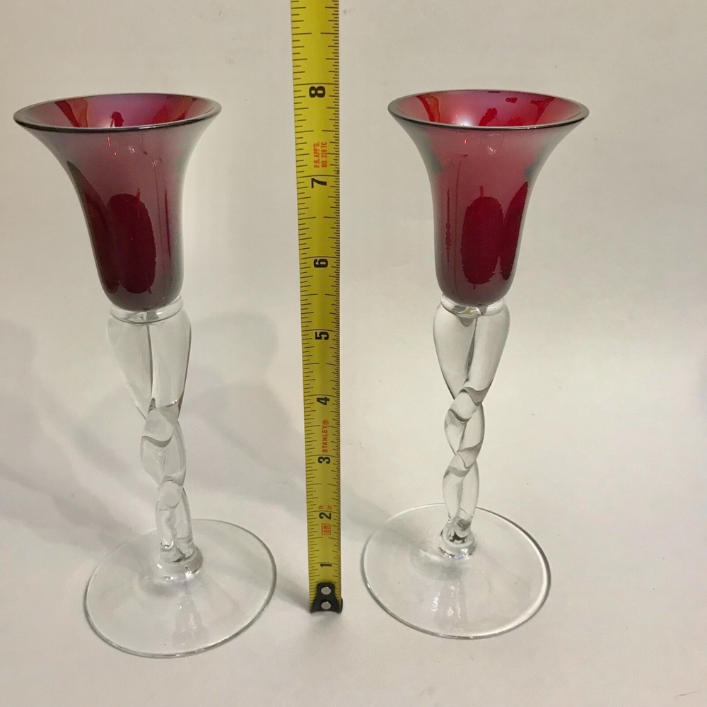 2-Way Candle Holders Ruby Red Clear Twisted Braided Stem Krosno Poland