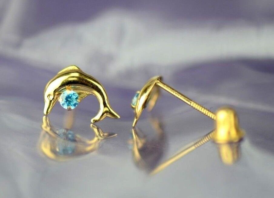 14k yellow gold dolphin earrings stud cz