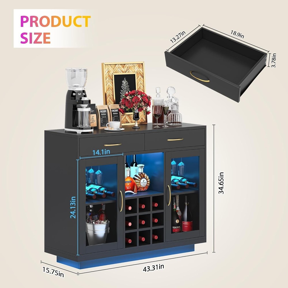 Black LED Wine Bar Cabinet Coffee Bar Storage