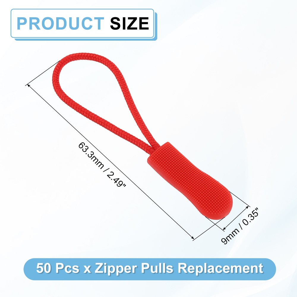 50Pcs Zipper Pulls Replacement Cord Extender, 63.3mm Red