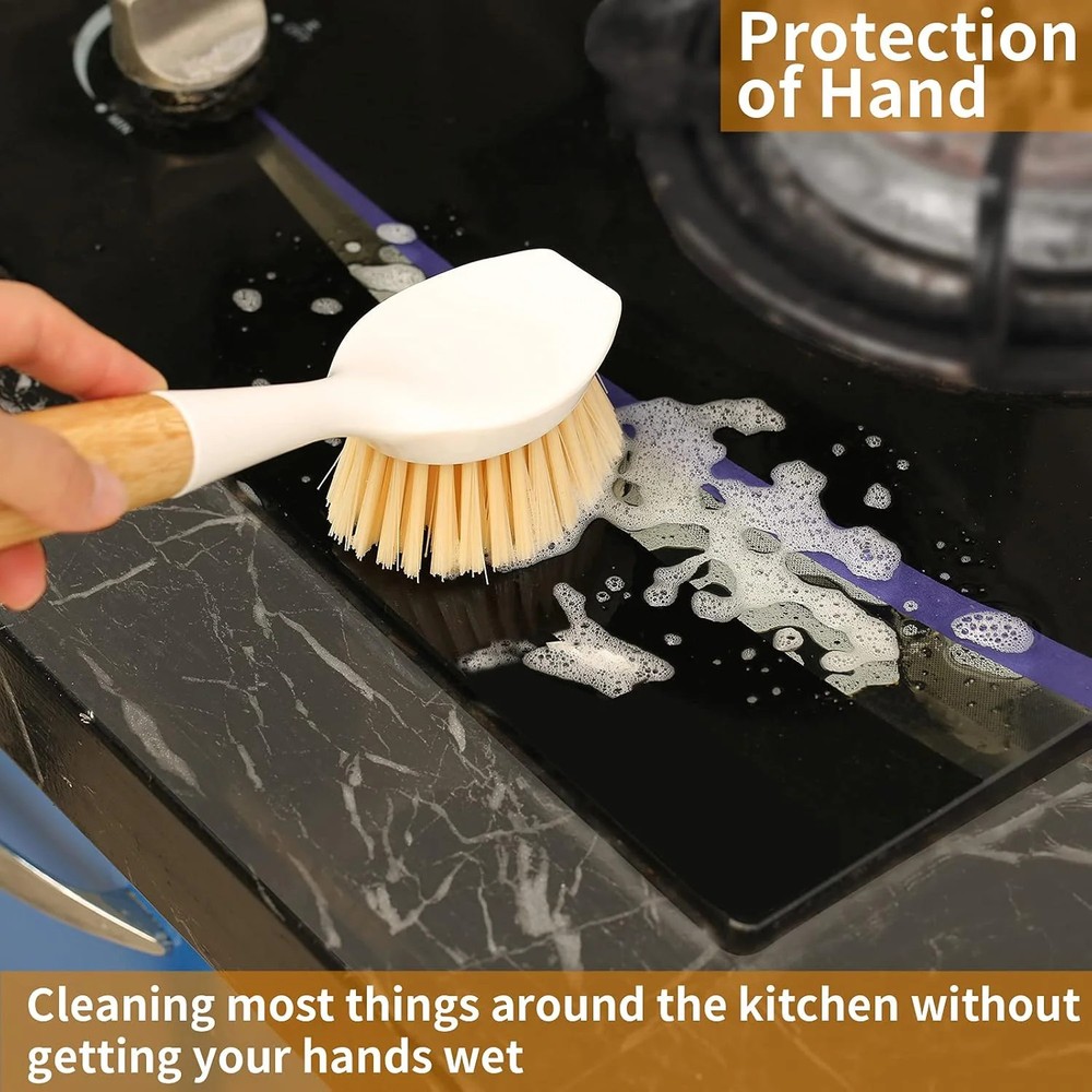 2 Pack Kitchen Dish Brush Bamboo Handle Dish Scrubber Built-in Scraper, Scrub
