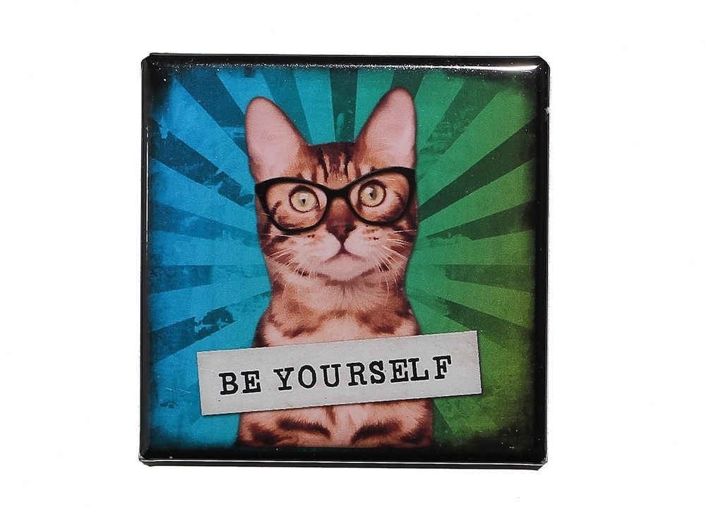 BE YOURSELF - Square Button Pinback 2" Cat with Glasses Inspirational