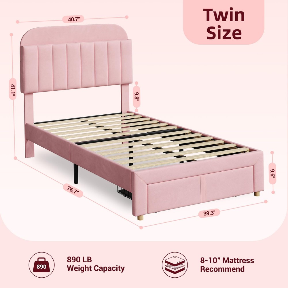 Velvet Upholstered Platform Bed Frame w/Storage Headboard,Twin Size Bed Frame