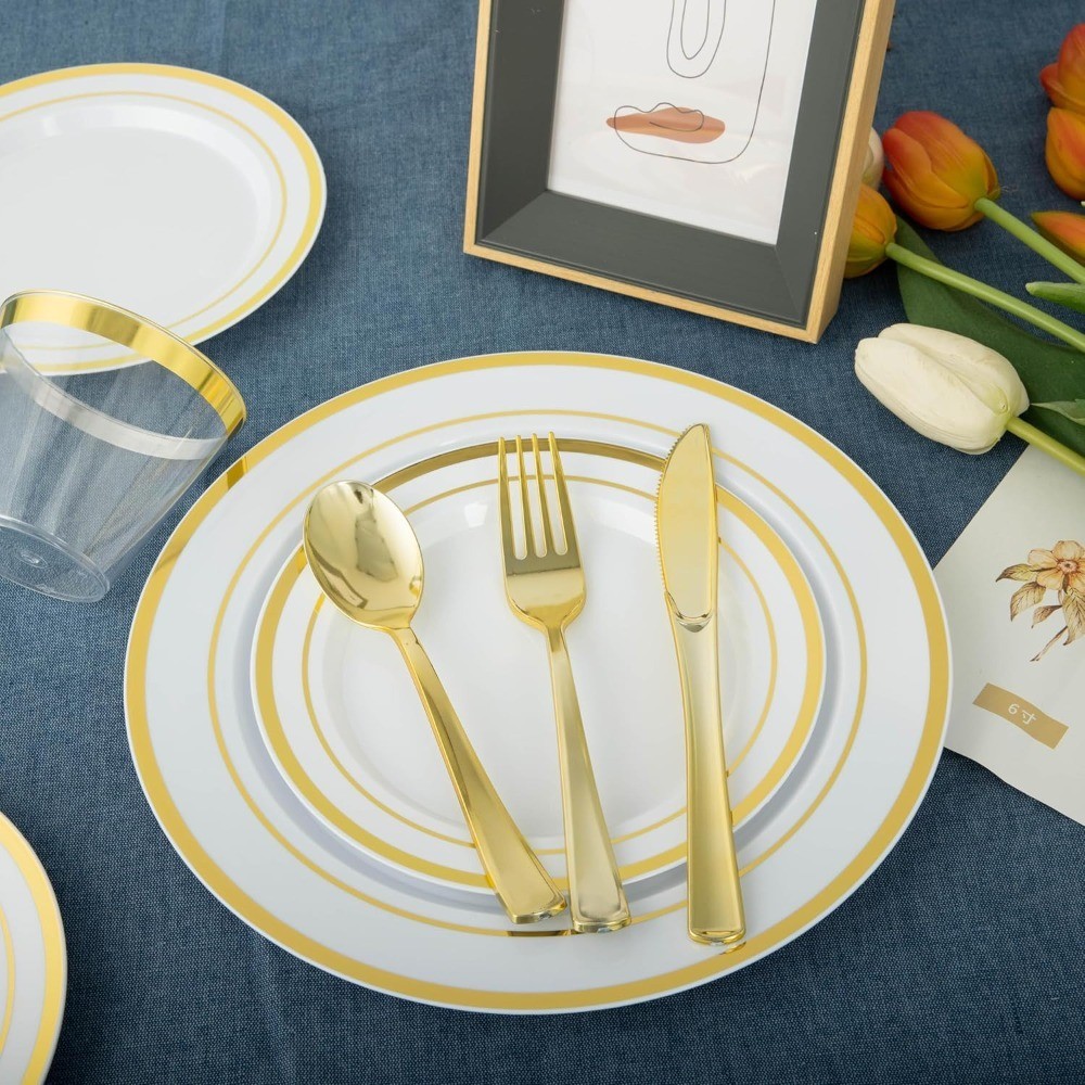 Disposable Plastic Plates Gold Dinnerware Set 600 PCS 100 Dinner Plates Dessert