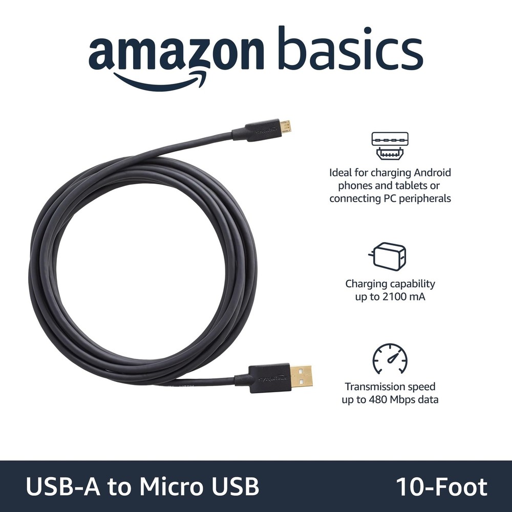 Amazon Basics USB-A to Micro USB Charging Cable, 480Mbps Data 10 Feet, Black