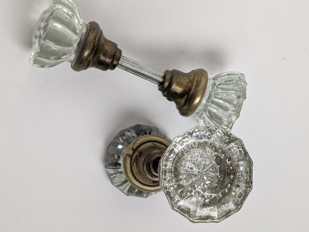 Antique Fluted Glass Door Knobs 12 Point Brass Hardware 2" 2 Pairs