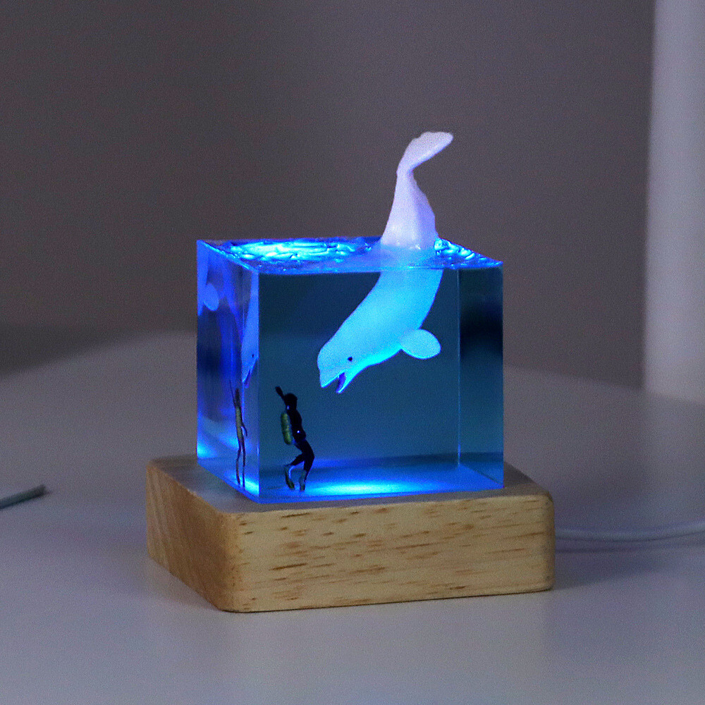Glowing Whale Ocean Cube Night Light – Resin Decor with LED Base