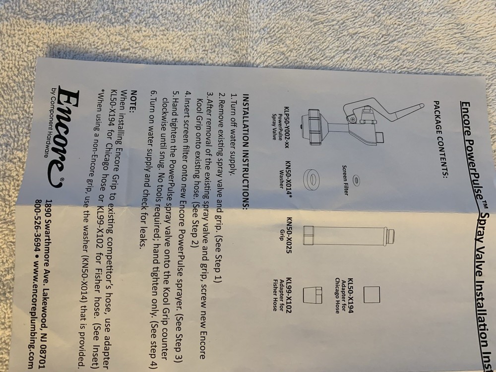 Encore (Component Hardware) Model KLP50-0220105 Pre-Rinse Spray Valve