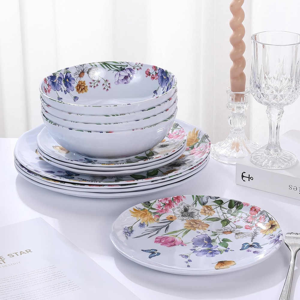 12 Piece Melamine Dinnerware Sets - Plates and Bowls Sets Floral Dinnerware Sets
