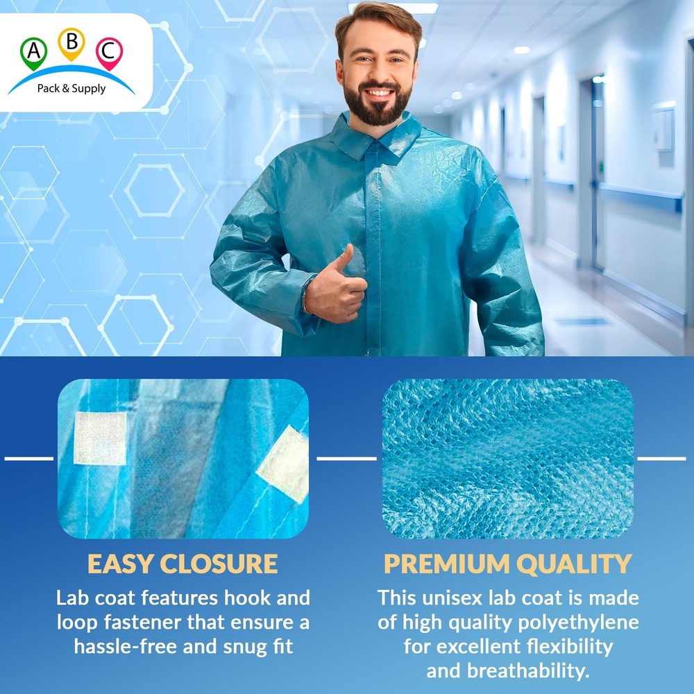 50-Pack XL Blue Disposable Lab Coats, Polypropylene with Hook & Loop