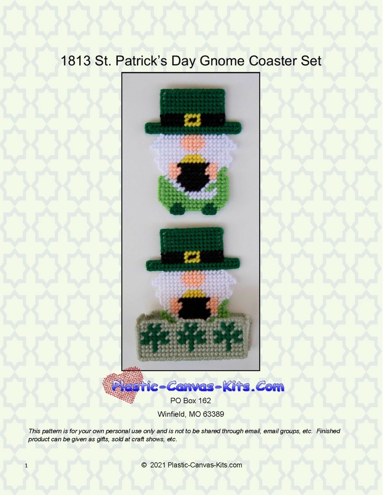 St. Patritck's Day Gnome Coaster Set-Plastic Canvas Pattern or Kit