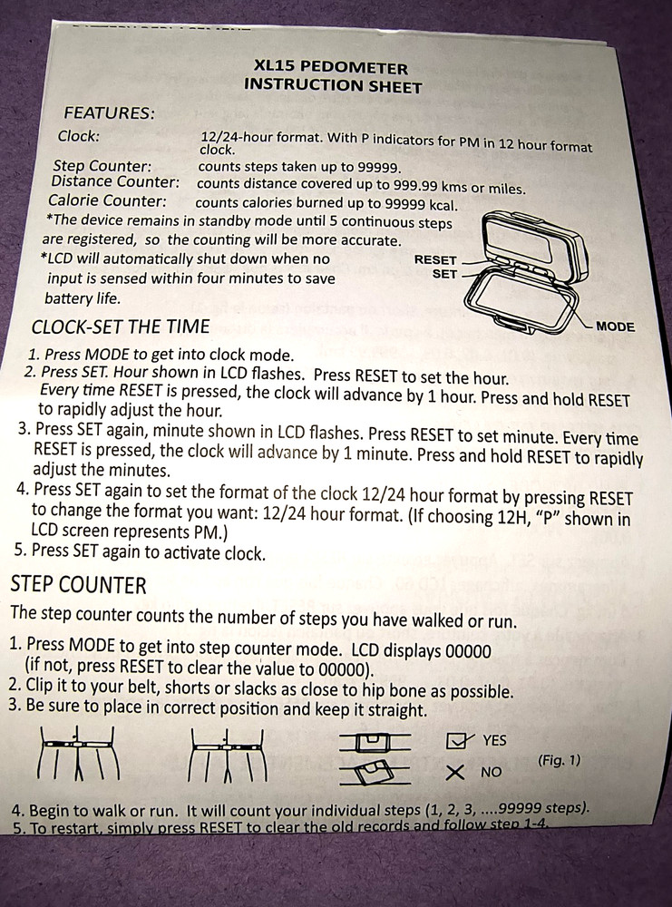 Life Source Pedometer Step Distance & Calorie Counter + Instructions