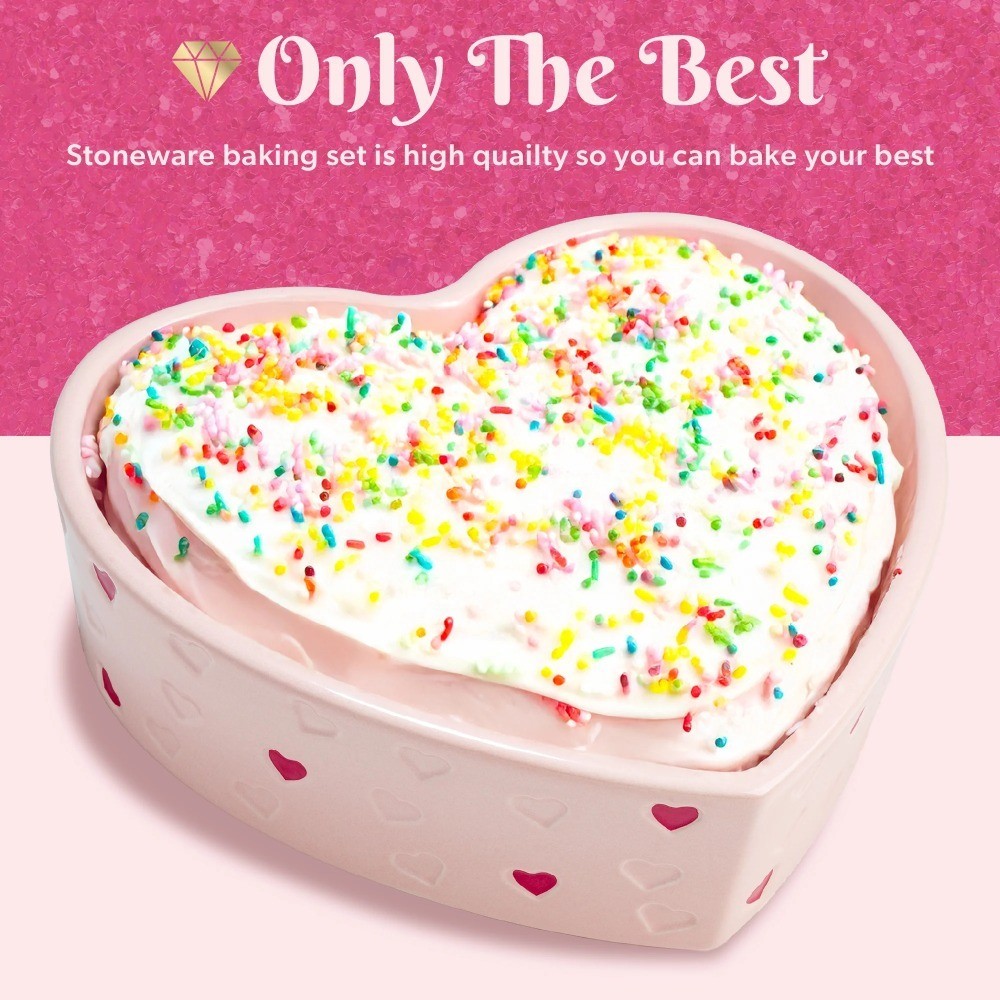 Pink Stoneware Baking Set Square and Heart Shaped Ceramic Baker Dishes
