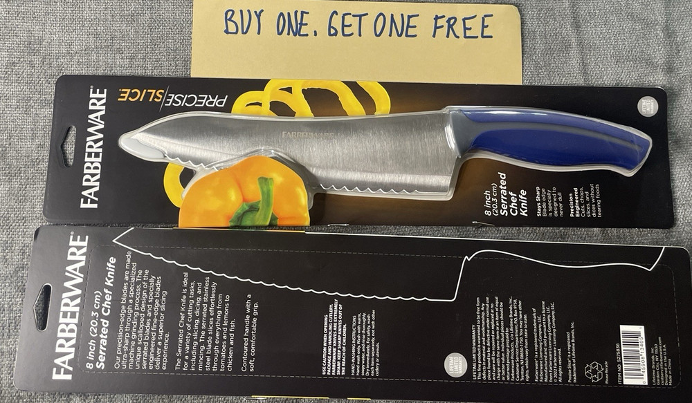 Farberware Precise Slice 8” Serrated Chef Knife w/Blue & Gray Handle BOGO