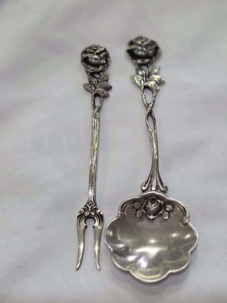 .800 Silver Alloy Rose Pattern Fork and Spoon Set, Antique Flatware Pair