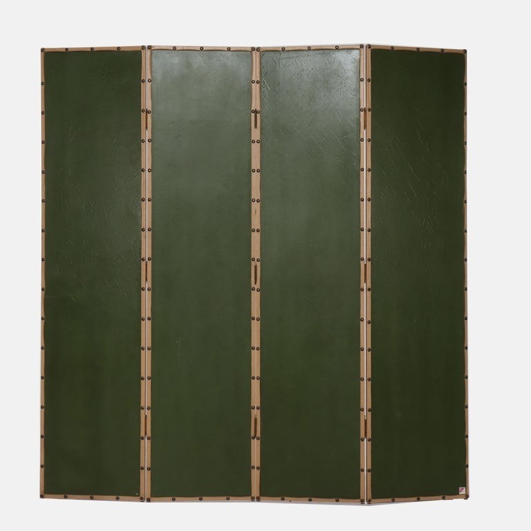 Antique Hand Painted Leather on Board Four Panel Dressing Screen Early 20thC