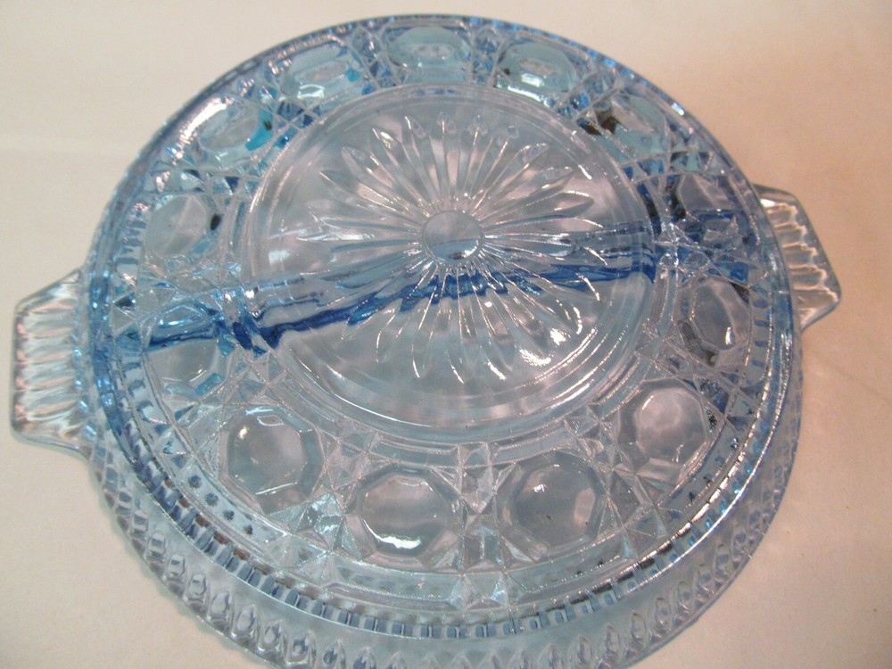 7 1/2" BLUE PRESSED GLASS DIVIDED SERVING CANDY DISH STARBURST & OCTAGON PATTERN