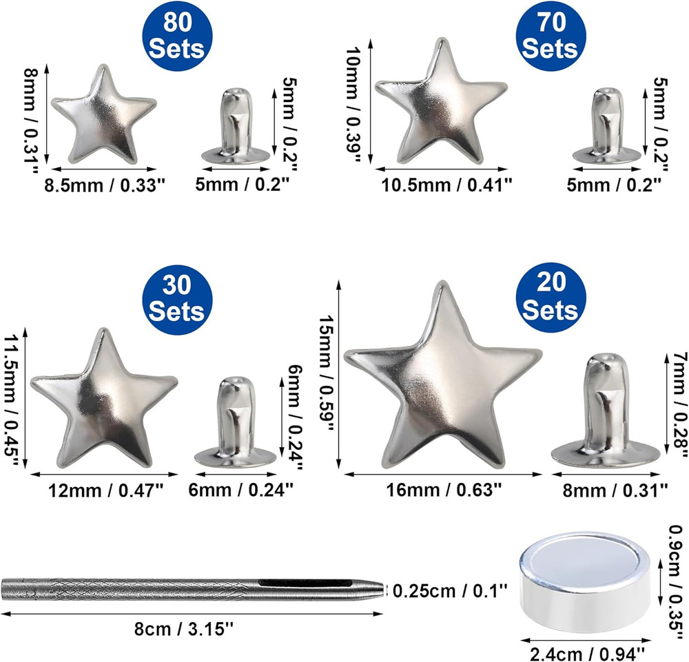 200 Sets Leather Rivets Kit Mixed Sizes Rivets for Leather Star Studs for Clothi