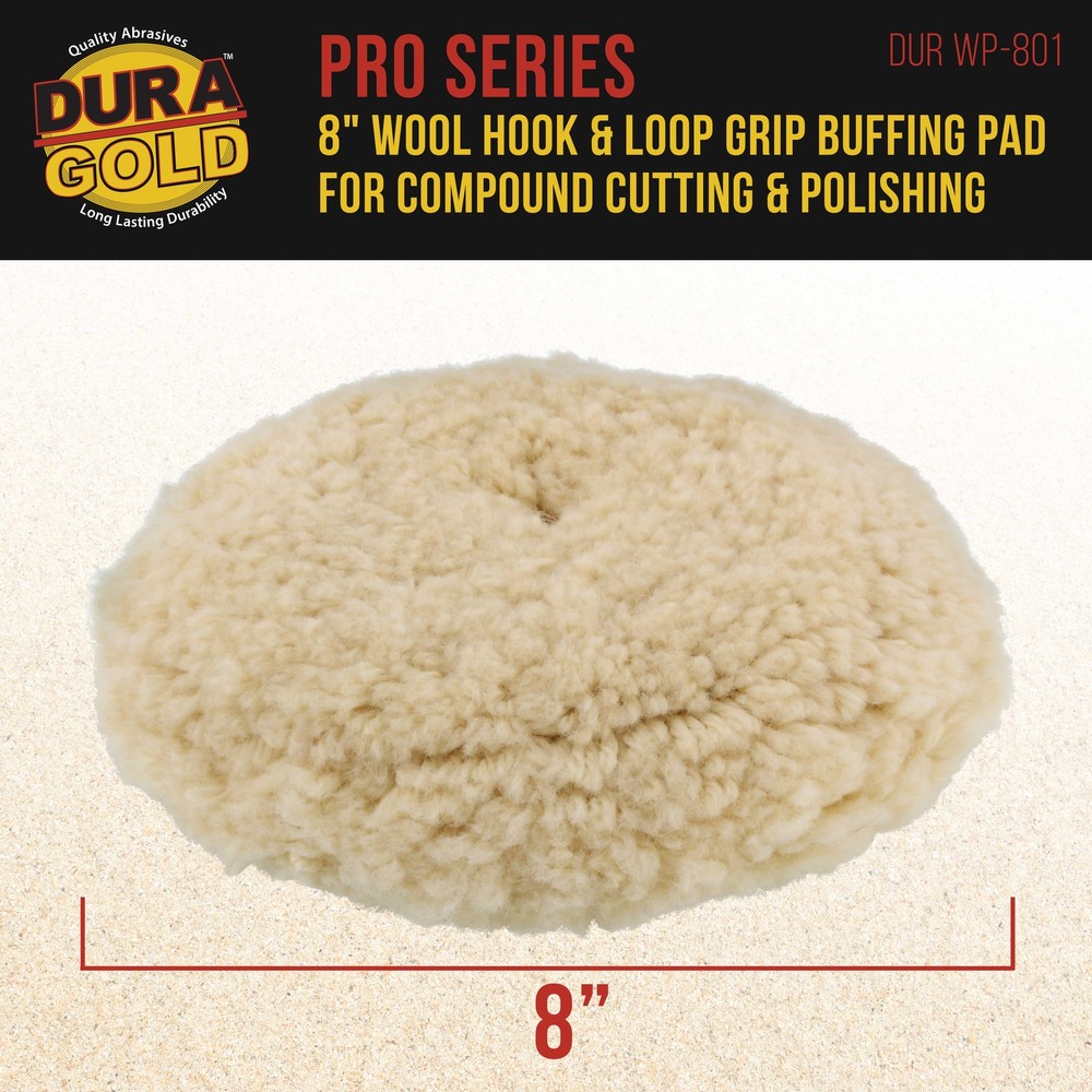 Dura-Gold 8" 100% Wool Hook & Loop Buffing Pad for Compound Cutting & Polishing
