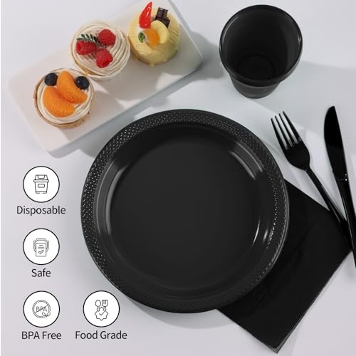 Plastic Plates,Disposable Plates Set,Disposable Plastic Dinnerware Serve Black