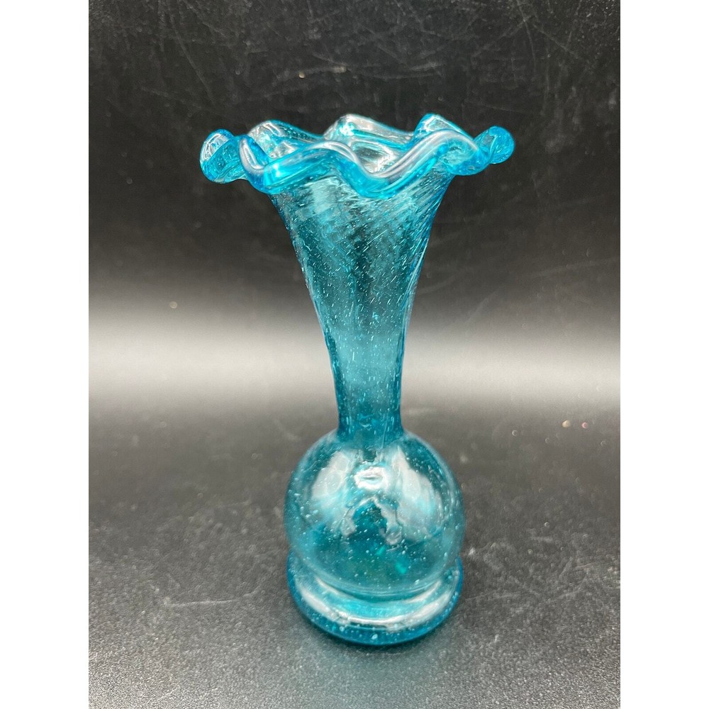 Hand Blown Teal Swirled Blue Bud Vase