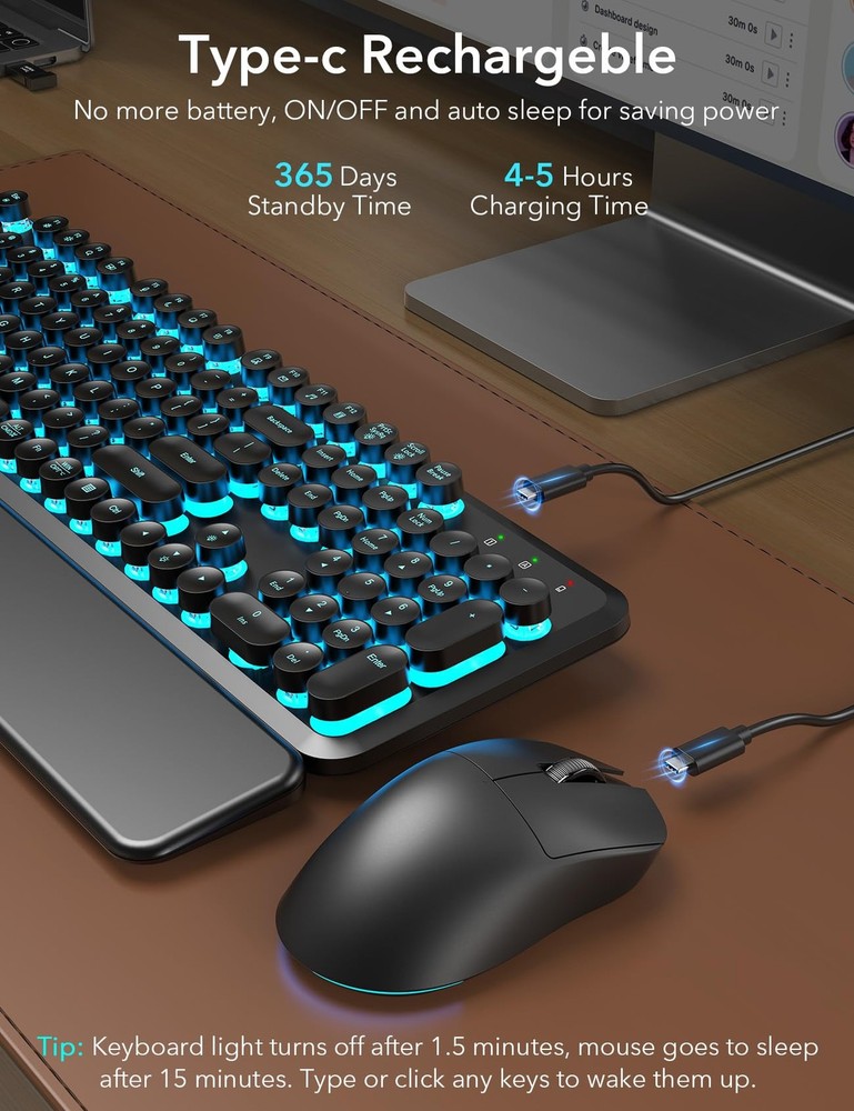 Wireless Keyboard and Mouse Backlit - Typewriter Keyboard with Magnetic Wrist...