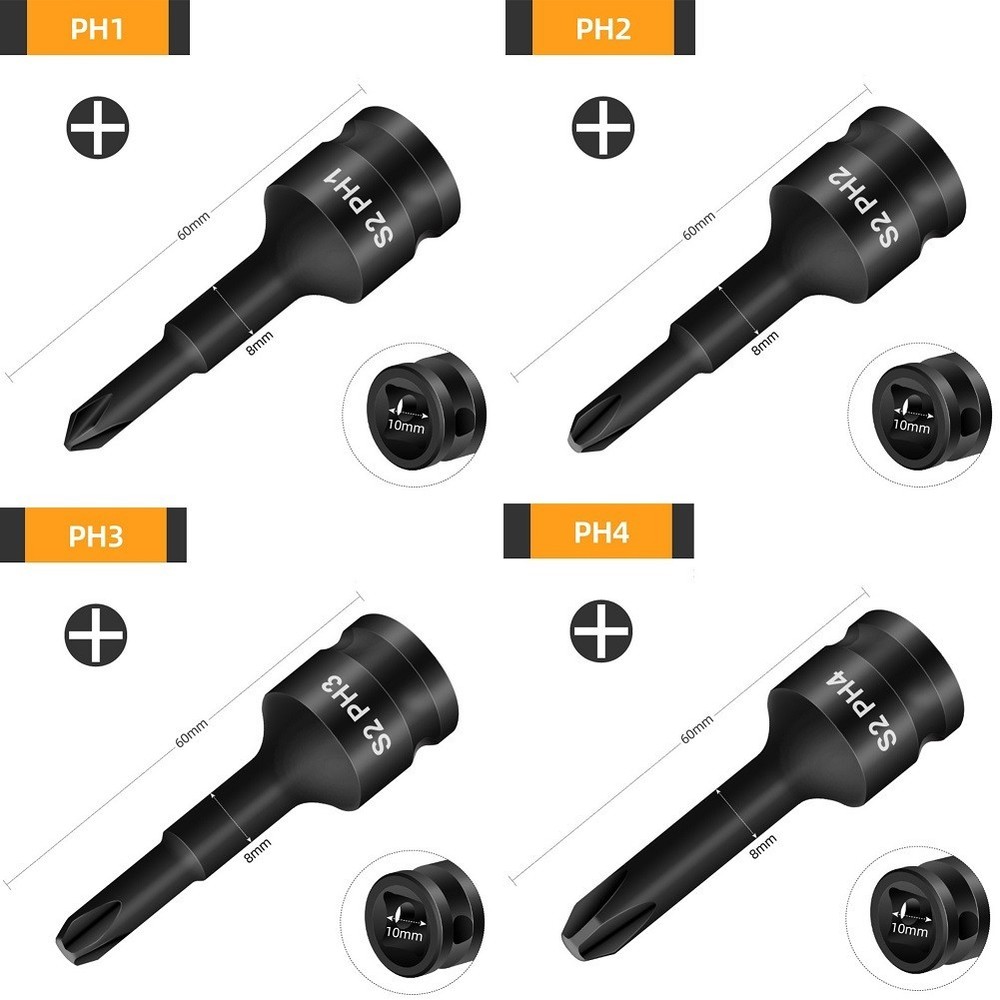 3 8inch Corss Screwdriver Bit Drive Socket Adapter Head PH1 PH2 PH3 PH4