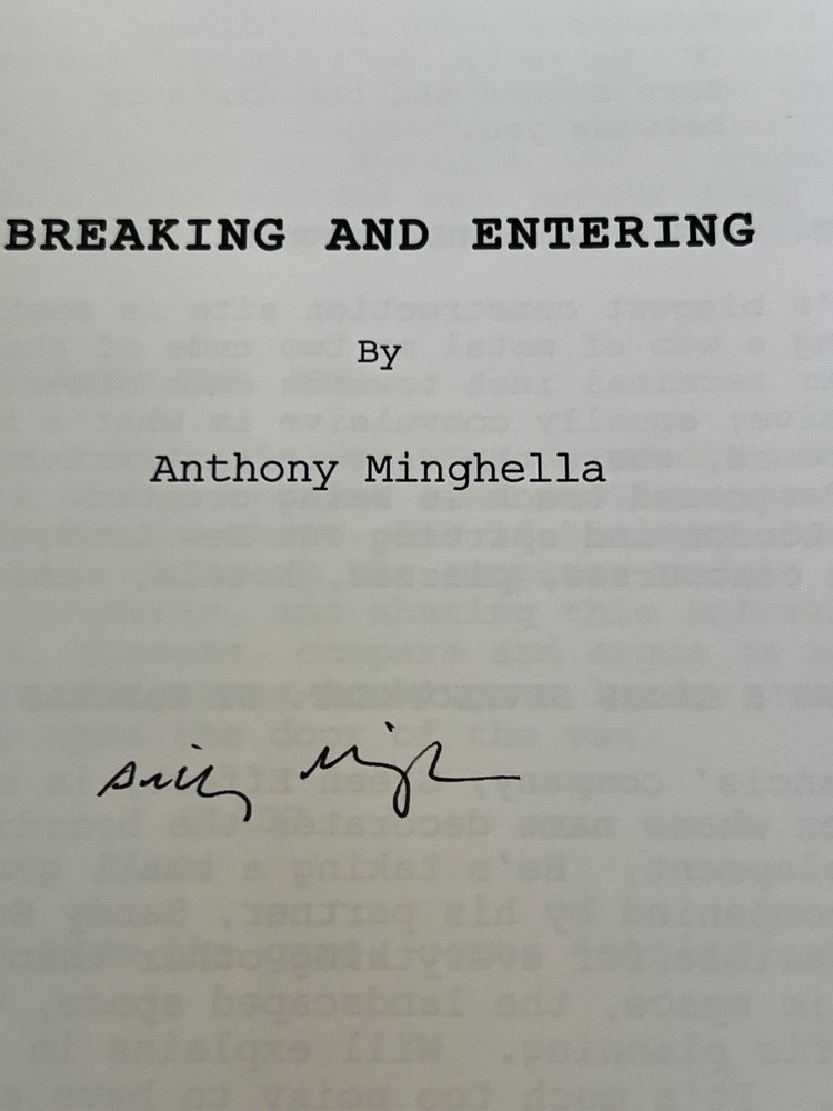 SIGNED SCRIPT "BREAKING AND ENTERING" AUTOGRAPHED BY SCREENWRITER/DIRECTOR