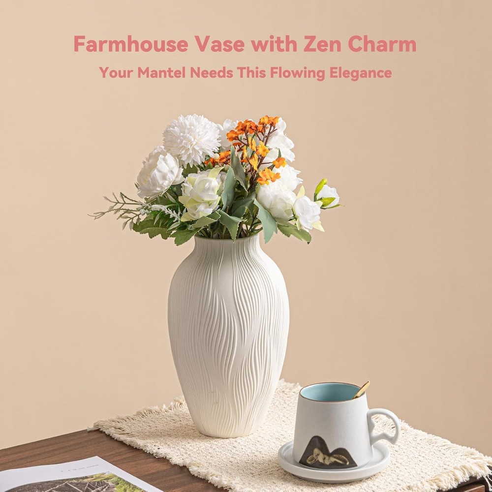 Windblown Texture Vase - White Matte Ceramic with Dynamic Lines, 9.2" Unique Flo