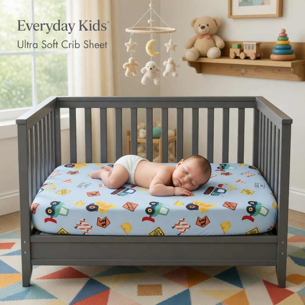 Baby Boy Fitted Crib Sheet, under Construction, 100% Soft Breathable Microfiber