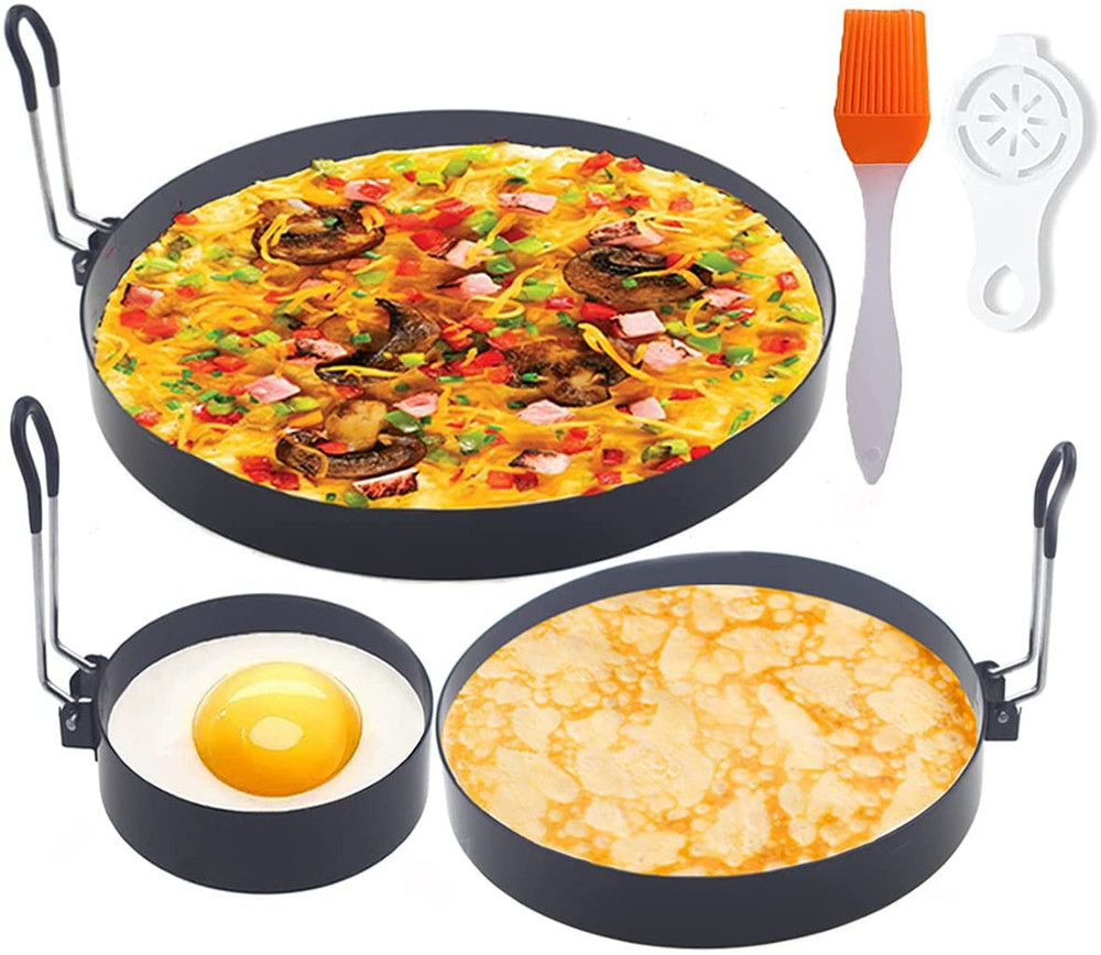 Stainless Steel Egg Cooker Set - 8" Omelette Ring, 6" Pancake Ring, 4" Griddle E