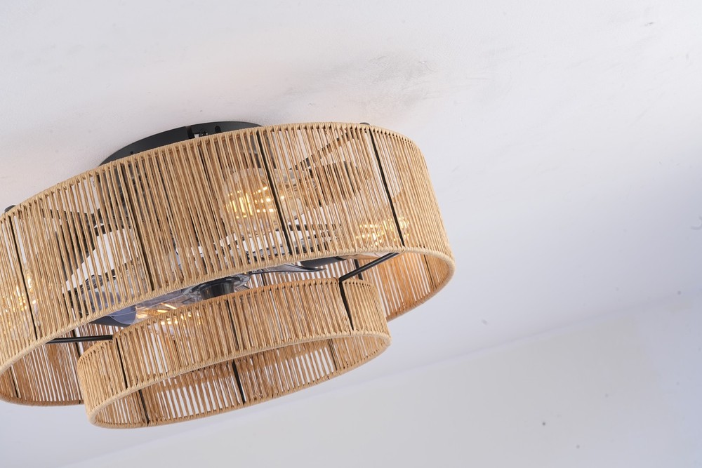 Flush Mount Ceiling Fan with Light & Remote, Matte Black Cage Fan