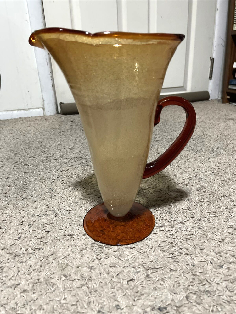 Large Hand Blown Orange/brown Glass Controlled Bubble Pitcher Applied Handle
