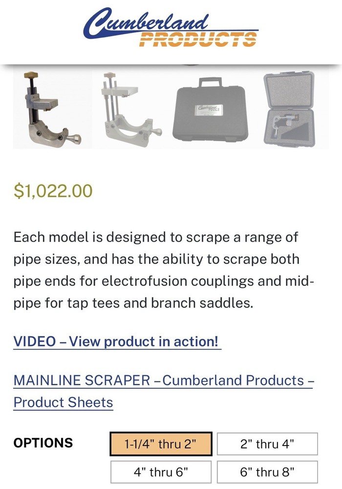Cumberland Products Mainline pipe Scraper 1 1/4” - 2” With Case