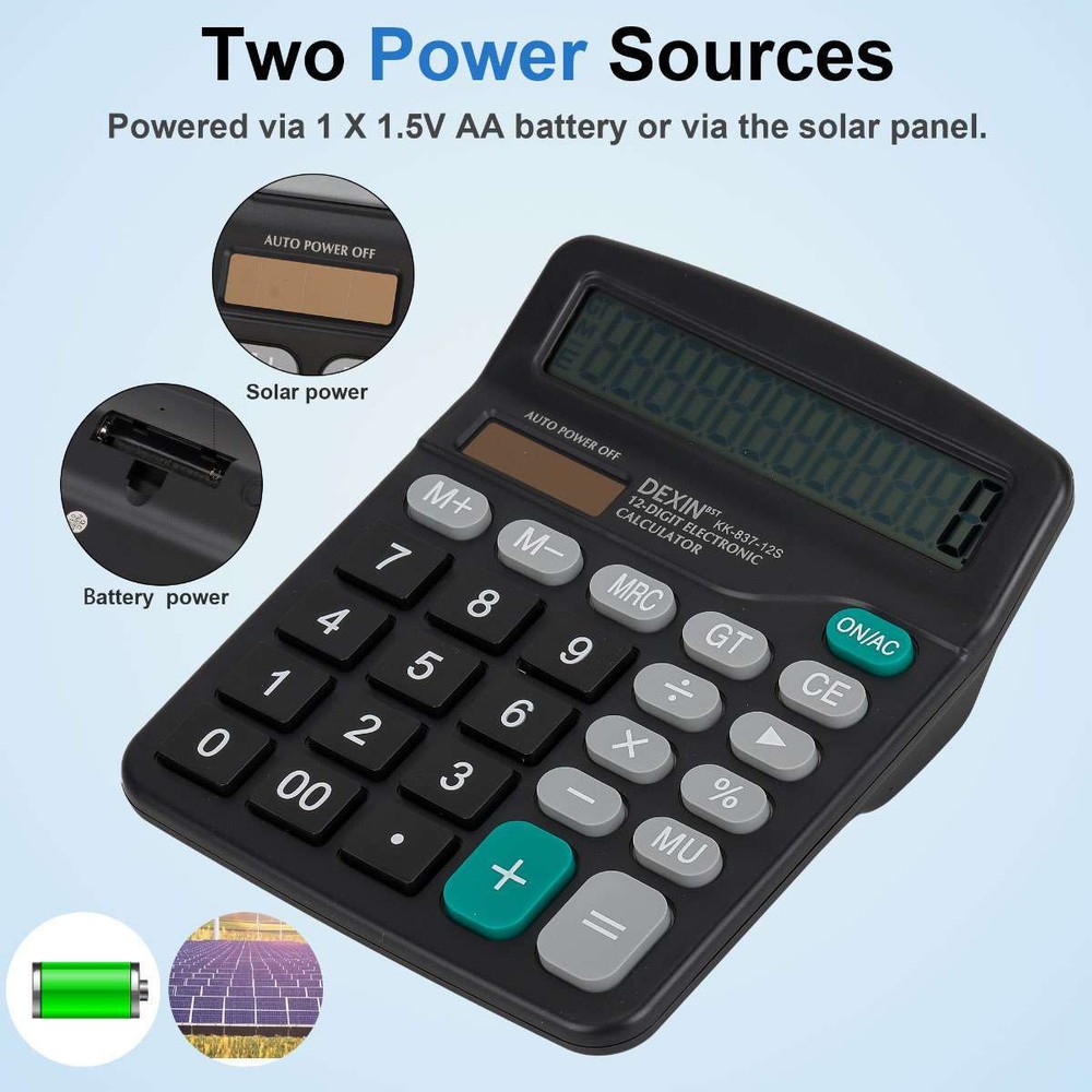 Large 12-Digit Calculator Big Button Desktop Math Display Solar Battery Powered