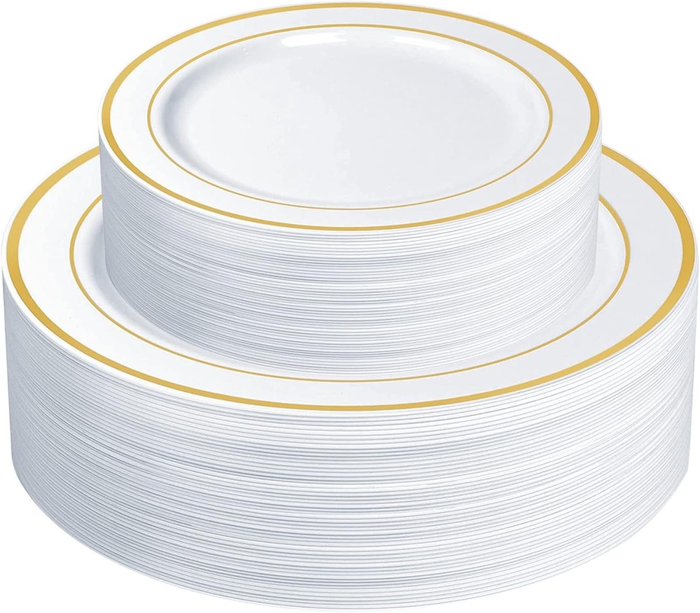 Gold Trim Plastic Dinnerware Set – 30 Dinner & 30 Salad Plates –