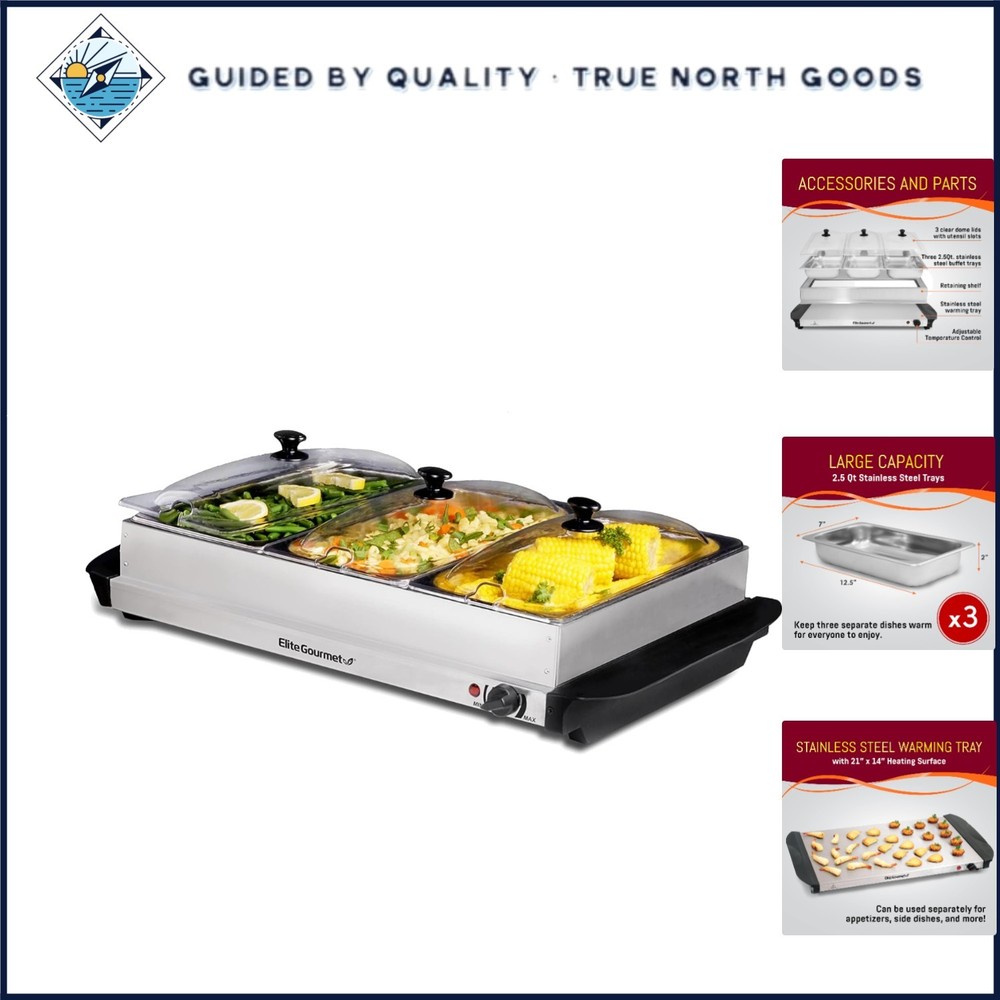 Triple Buffet Server with 3 Stainless Steel Trays, Temperature Control & Lids