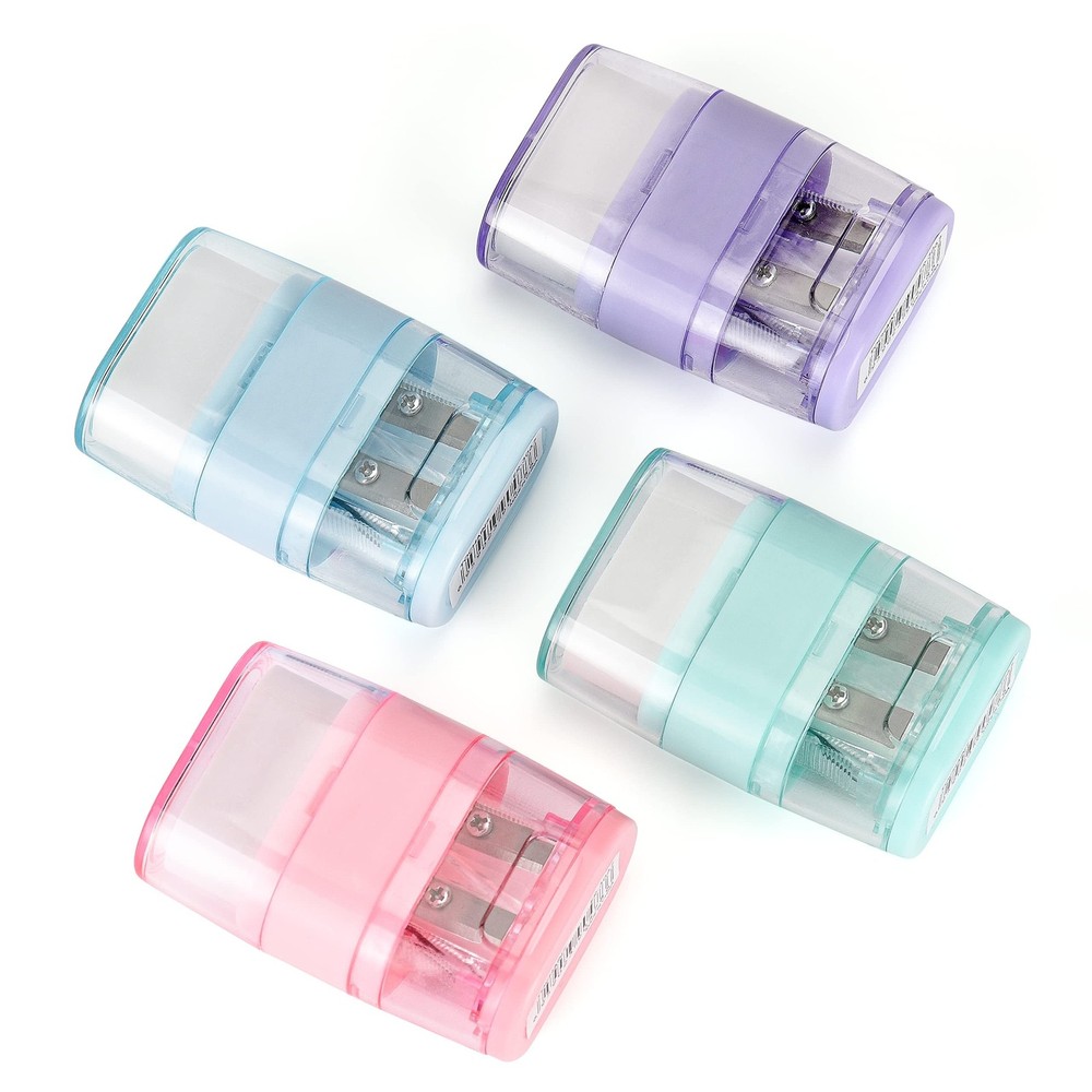4 PCS Manual Pencil Sharpener with Eraser, Double Hole Multicolored Sharpener...