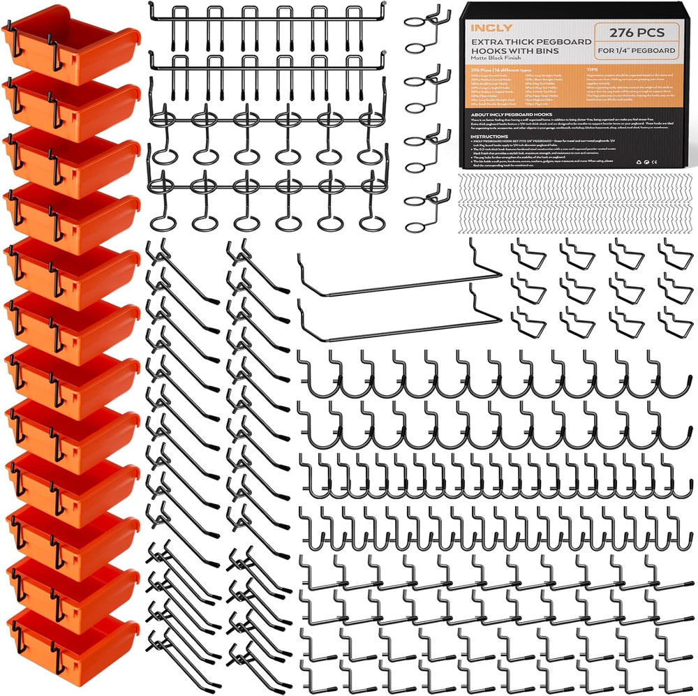 276PCS Extra Thick 1/4" Pegboard Accessories Organizer Kit, Heavy Duty Black Peg