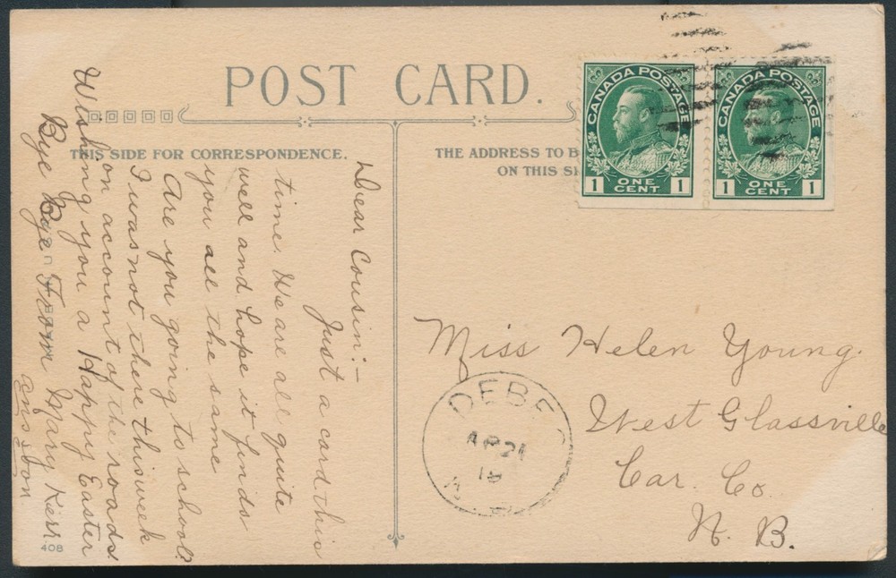 Debec, NB - 1918 Circular Date Stamp Cancel on Postcard