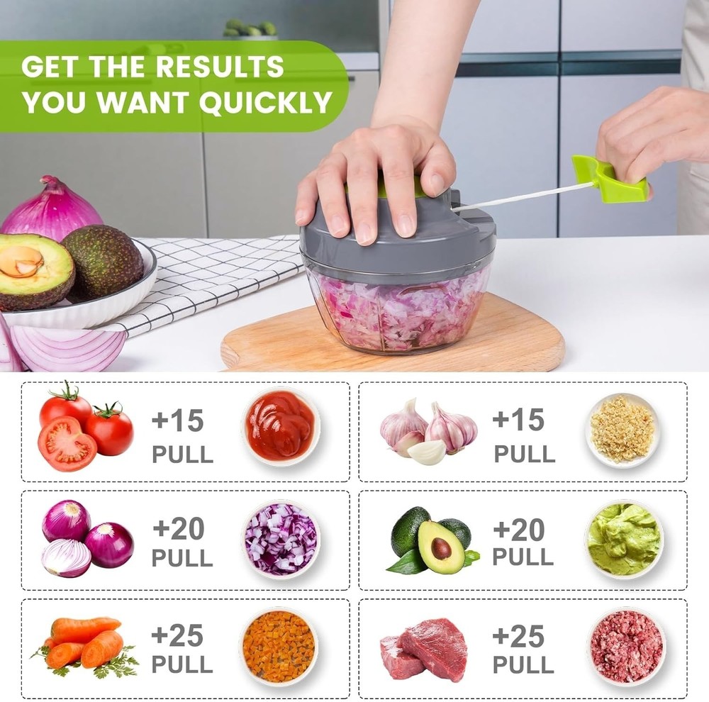 Manual Food Processor Vegetable Chopper 500ml – Hand Pull String Garlic Mincer,