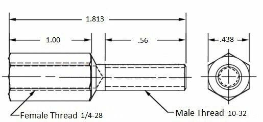 Thread adapter, 1/4-28 Female thread, 10-32 Male thread