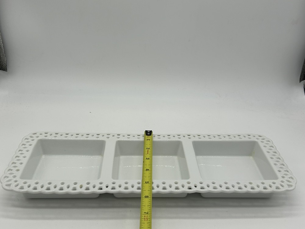Crate & Barrel White Divided 3-Section Serving Platter w/ Lace Edge Design