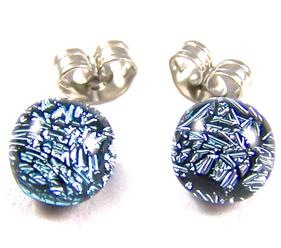 Tiny DICHROIC GLASS EARRINGS 1/4" 9mm Silver Platinum DOTS STUDS Surgical Post
